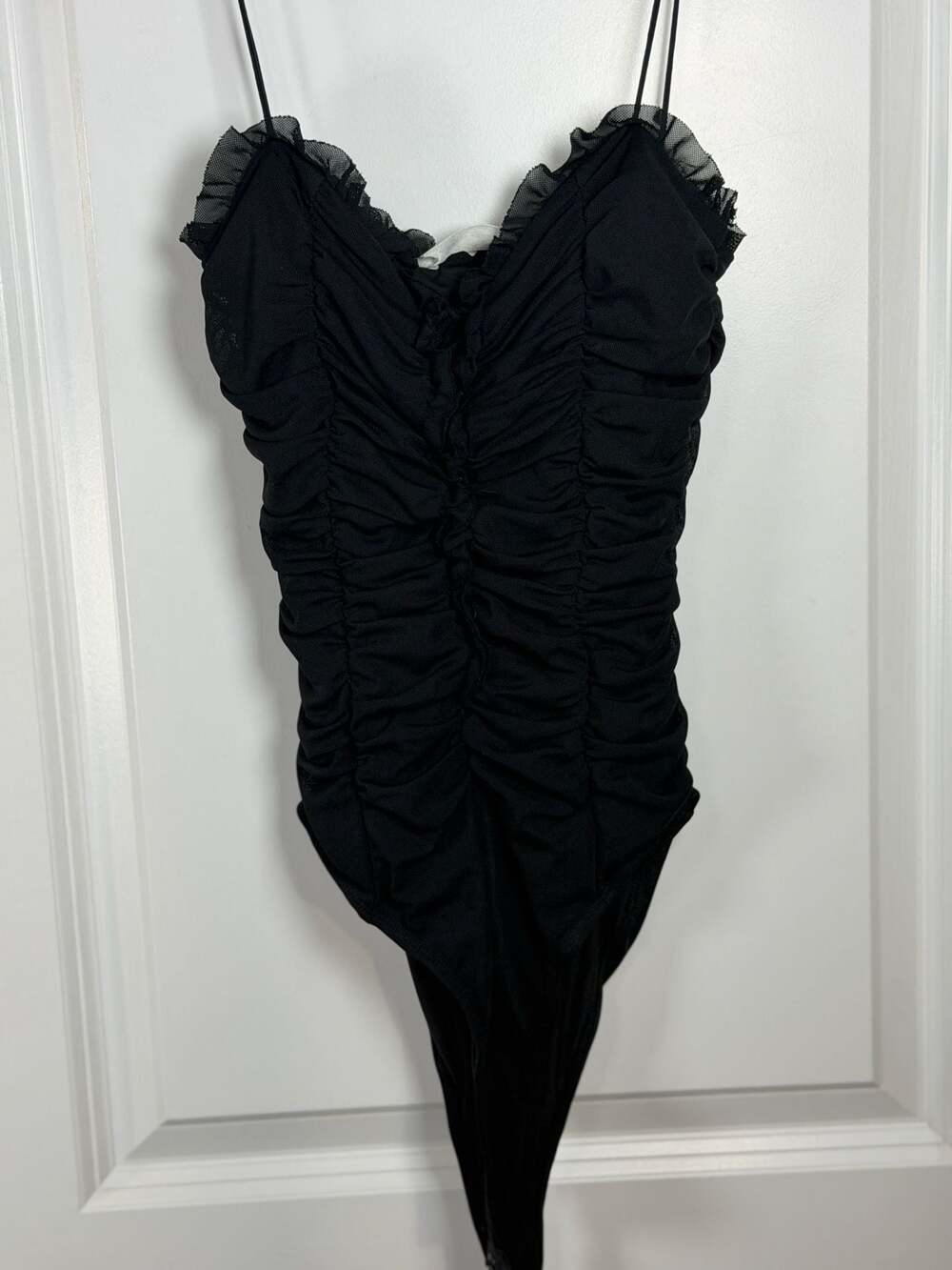 American Threads Black Ruffle Mesh Ruched Bodysuit - Picture 2 of 8